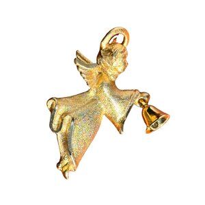 Robyn Rush Signed Guardian Angel Bell Brushed Gold Tone Christmas Brooch Vintage